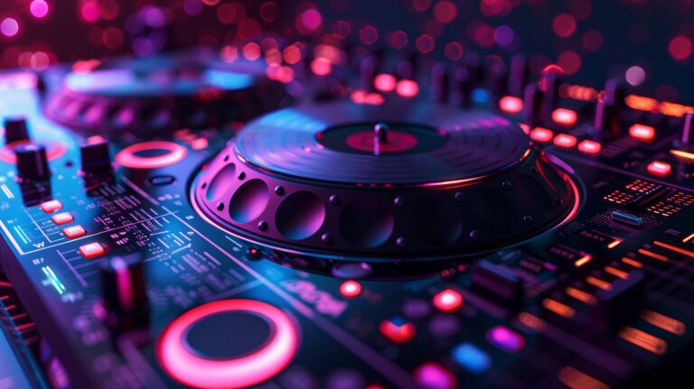 A close-up of a DJ turntable and mixer, illuminated by vibrant pink, purple, and blue lights, with blurred bokeh lights in the background, creating a lively and energetic atmosphere.