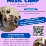 Flyer for Orlando Music Camp with text detailing dates, contact info, and activities. Includes photos of children playing instruments and a group music lesson, plus a QR code and colorful design elements.