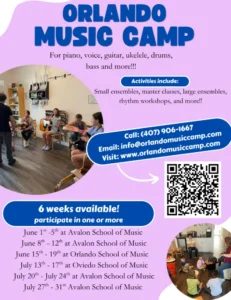 Flyer for Orlando Music Camp with text detailing dates, contact info, and activities. Includes photos of children playing instruments and a group music lesson, plus a QR code and colorful design elements.