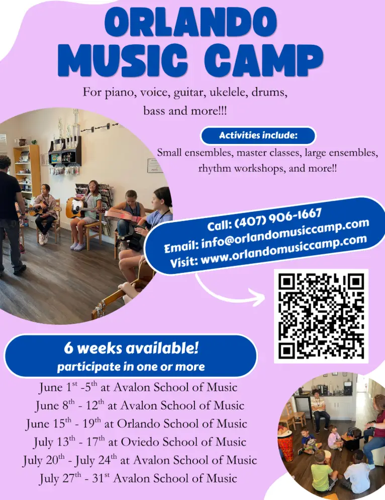Flyer for Orlando Music Camp with text detailing dates, contact info, and activities. Includes photos of children playing instruments and a group music lesson, plus a QR code and colorful design elements.