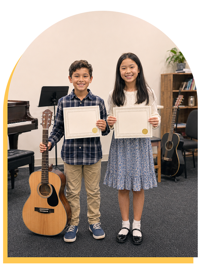 Two smiling children stand indoors holding certificates, likely after music lessons. A boy in a plaid shirt and khaki pants stands next to a girl in a patterned dress. Acoustic guitars and a piano hint at music lessons Citrus Park or Tampa families trust.