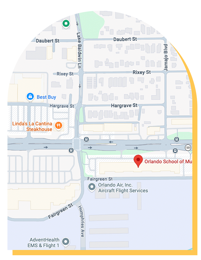 Map showing streets and landmarks, including Best Buy, Lindas La Cantina Steakhouse, Orlando School of Music—offering music lessons—and Orlando Air, Inc. Major roads shown include Lake Baldwin Ln, Hargrave St, and Fairgreen St.